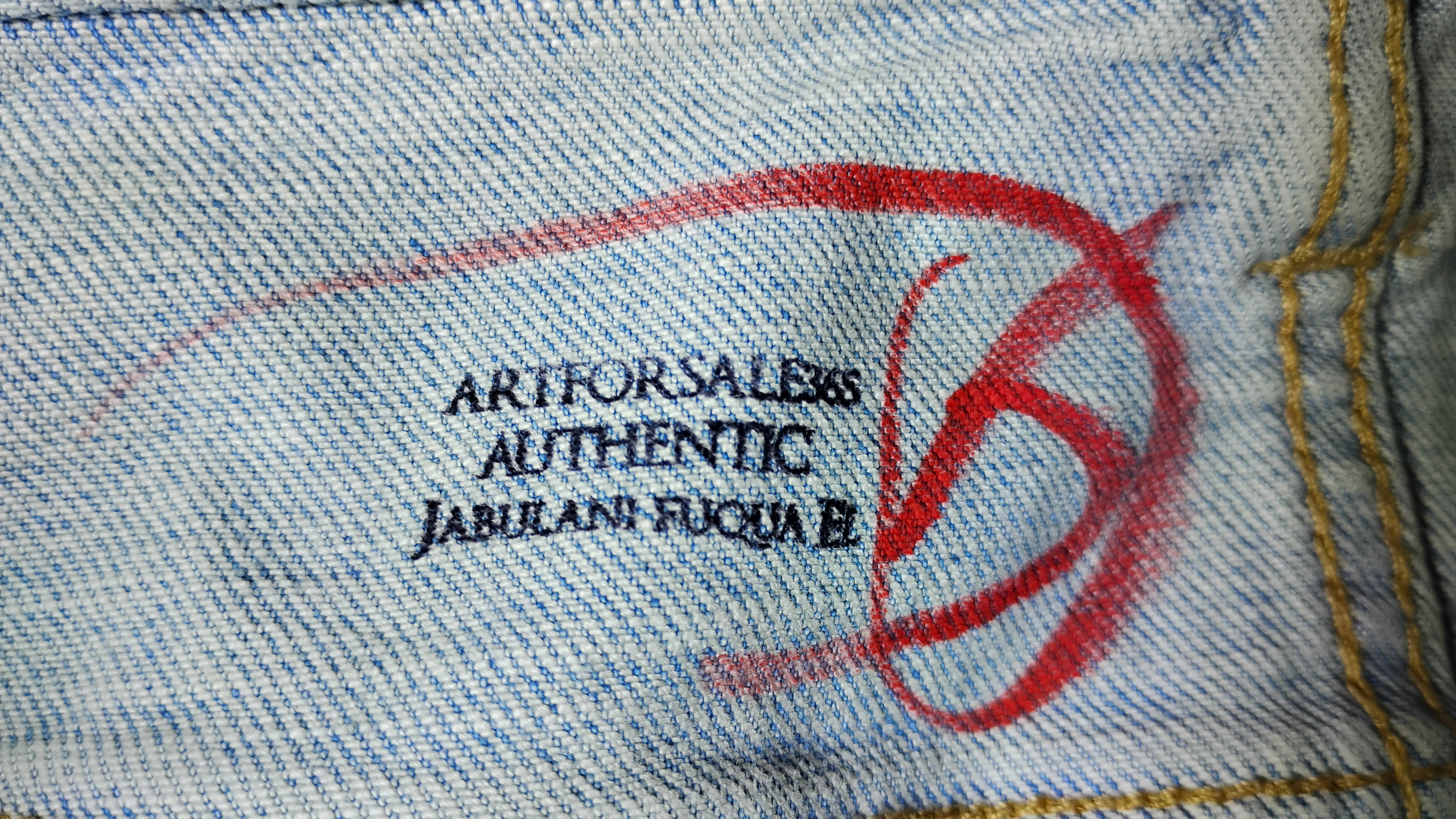 jabulani Fuqua El , signature Official signature of fashion designer Jabulani Fuqua EL, Art for sale 365, authentic signature stamp on denim fabric.